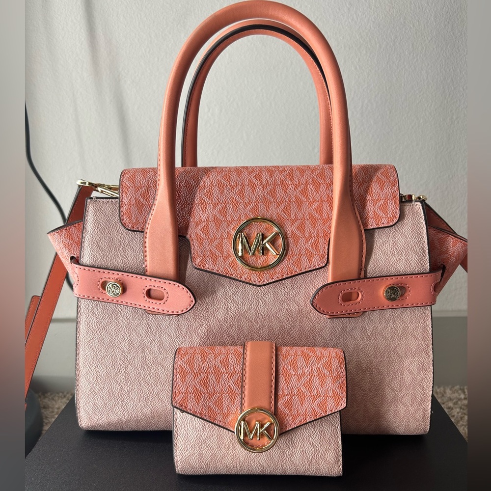 Micheal Kors Carmen Medium Logo and Faux Leather Belted Satchel